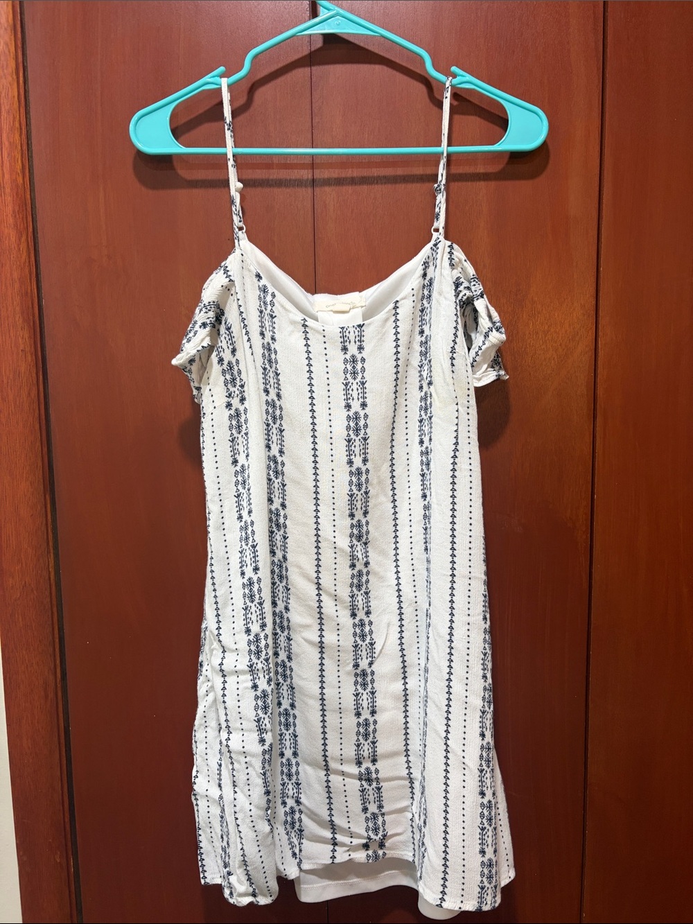 White Cold-Shoulder Dress with black geometric Stripes